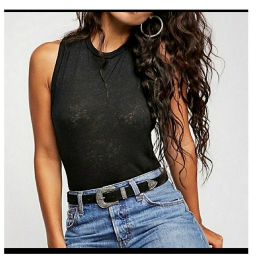 Free People All The Time Black Linen Blend Bodysuit size XS